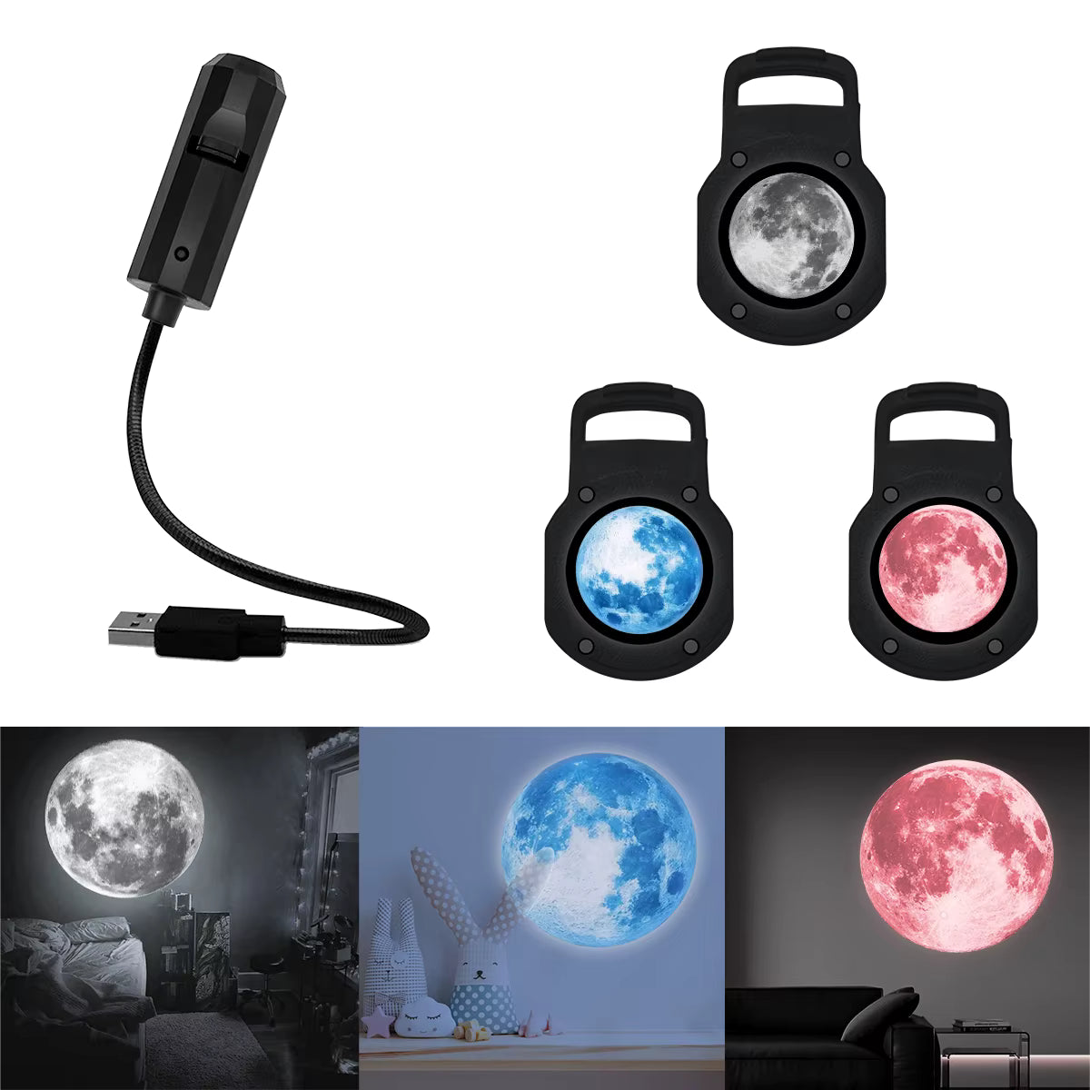 Lámpara Luna Proyectora LED — Luz de Atmósfera Cielo Estrellado 3 Colores USB