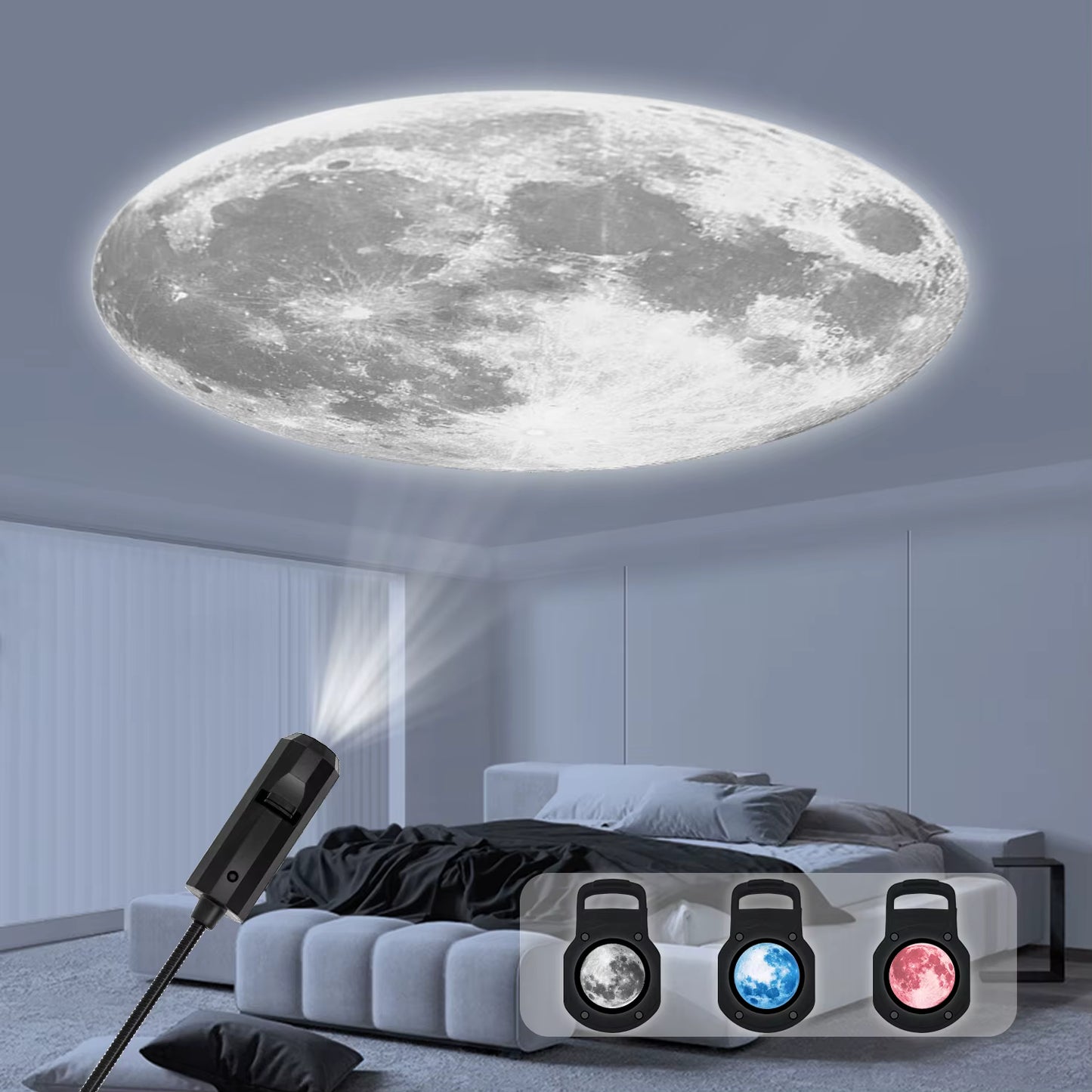 Lámpara Luna Proyectora LED — Luz de Atmósfera Cielo Estrellado 3 Colores USB