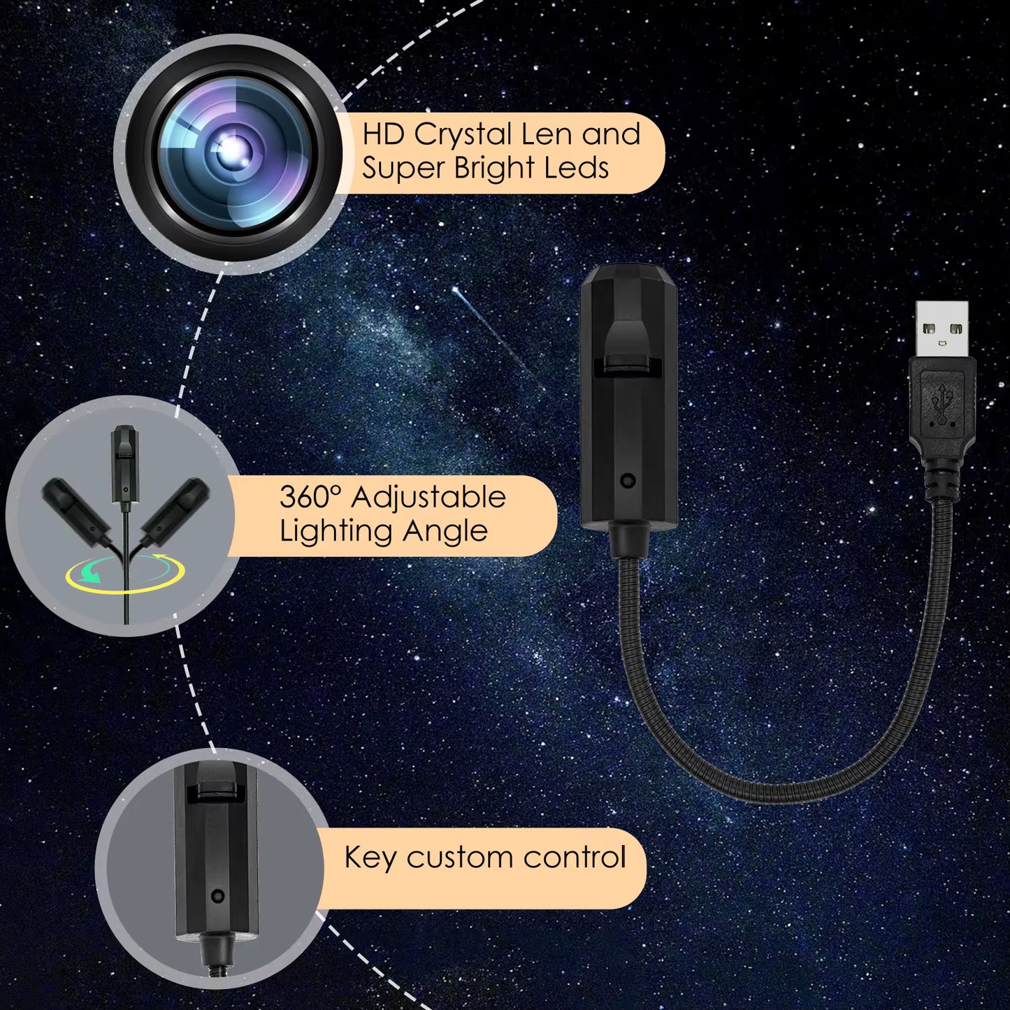 Lámpara Luna Proyectora LED — Luz de Atmósfera Cielo Estrellado 3 Colores USB